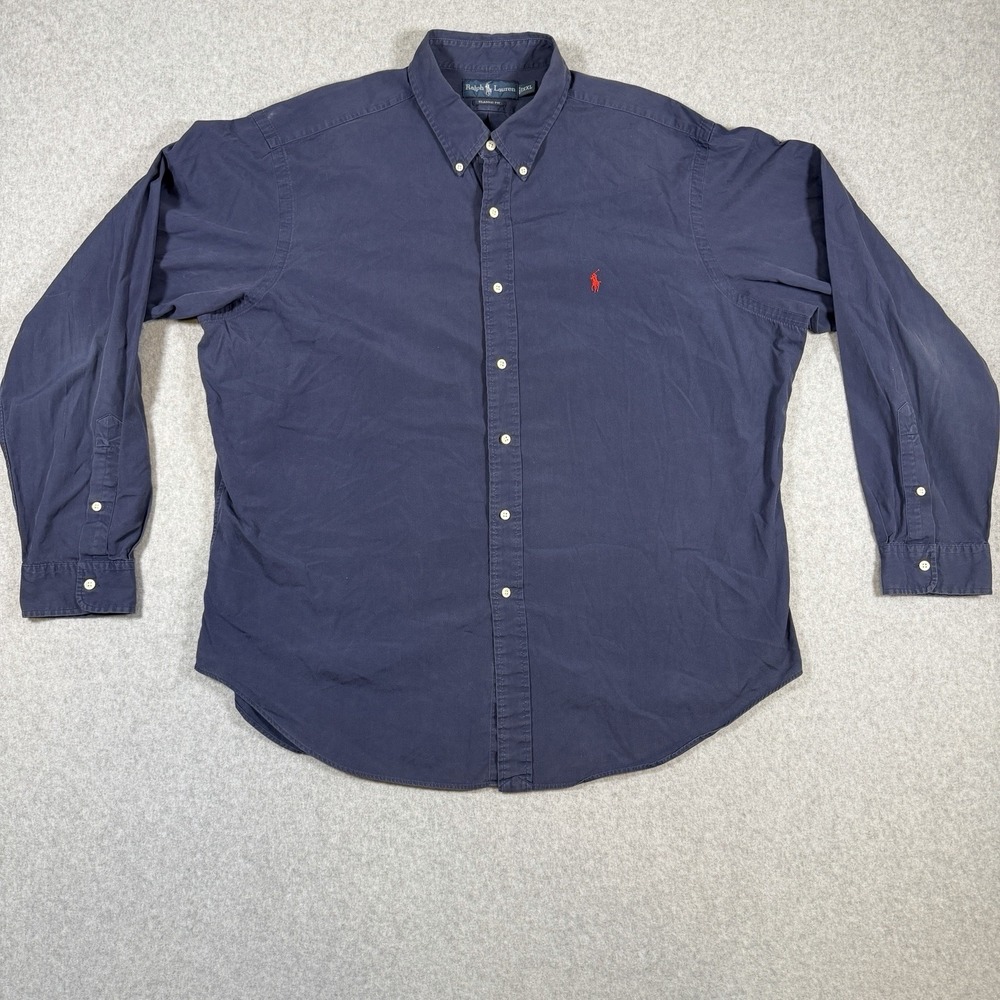 VTG Ralph Lauren Classic Fit XXL Navy Button Down Long Sleeve Red Pony Preppy